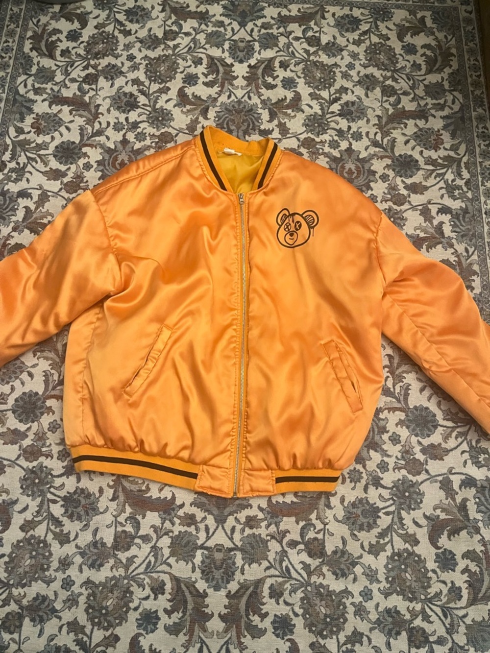 Orange Satin Bomber Jacket with Bear Patch